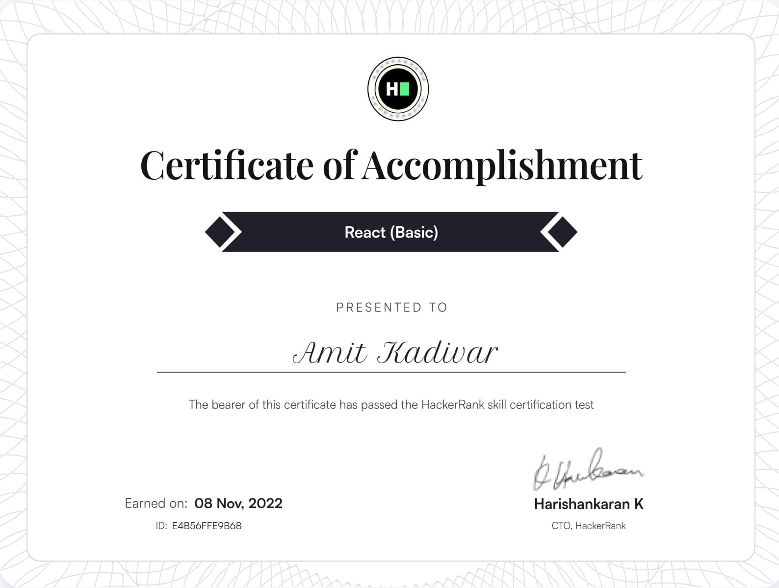 React (Basic) certificate from HackerRank